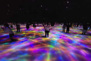 אפקטים של דגים שוחים במים במוזיאון הדיגיטלי טים לאב פלאנטס בטוקיו